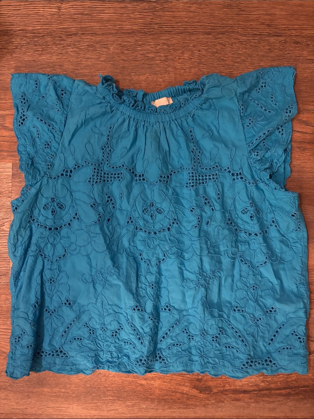 Blue Eyelet Lace Flutter Sleeve Blouse